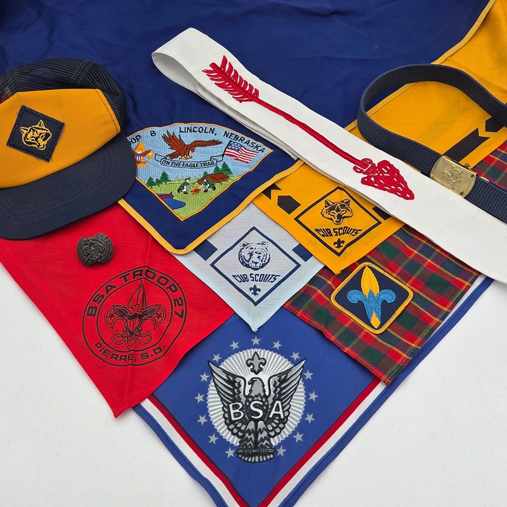 Vintage Boy Scouts Uniform Lot Cub Scout Bandanas Hat Belt Slide Neckerchief
